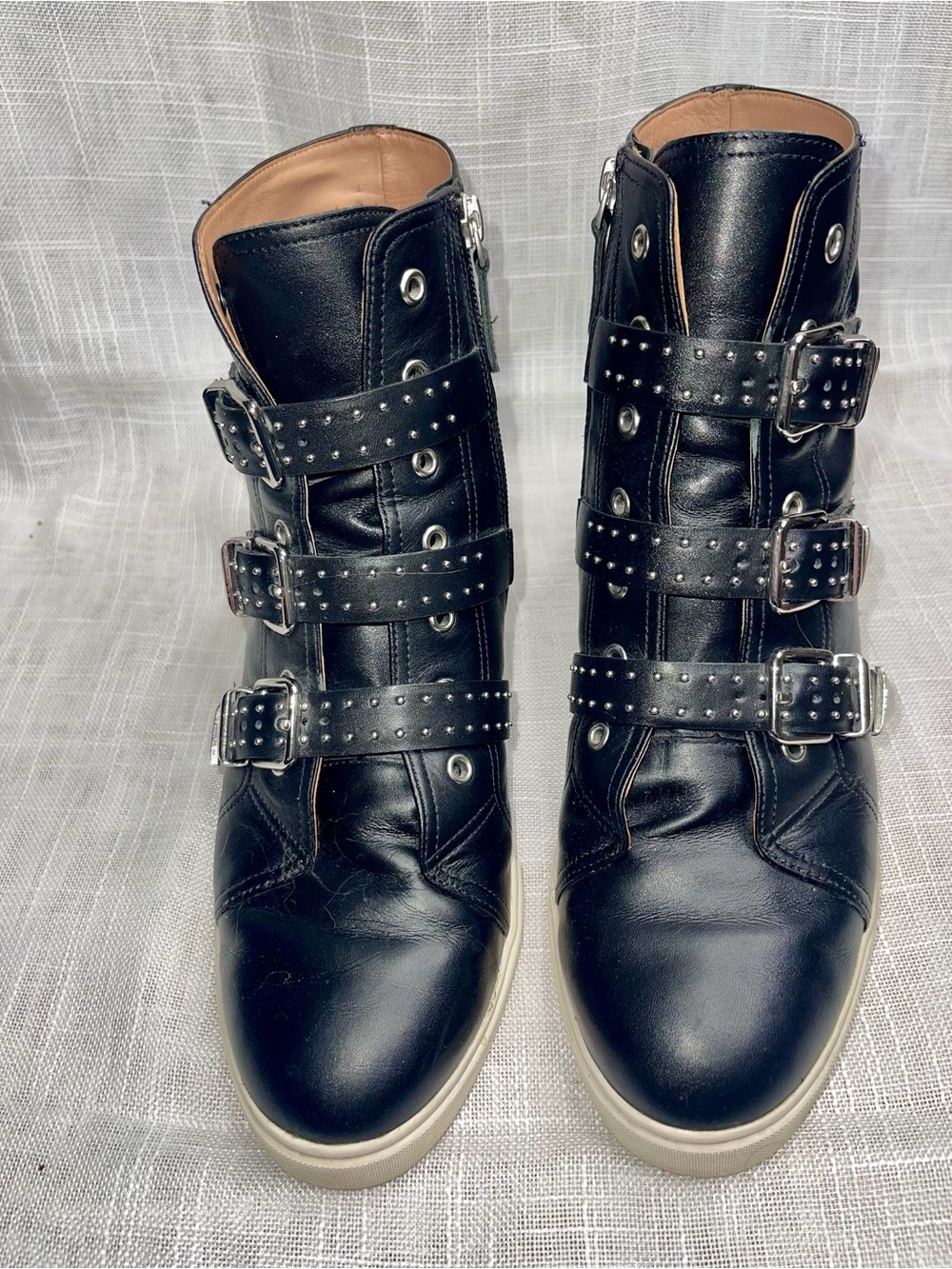 Linea Paolo Black Wedge Studded Strap Ankle Boots Sz 10